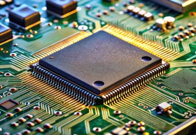 Close-Up of a Microchip on a Green Circuit Board, Circuitry, Technology, Electronic, Chip